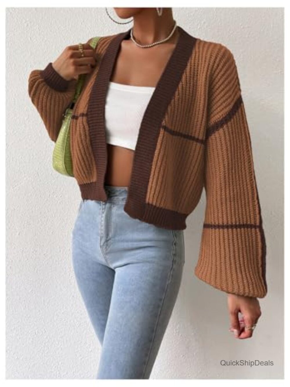 Color Block Crop Cardigan Bishop Long Sleeve Open Front Sweater - Picture 6 of 7